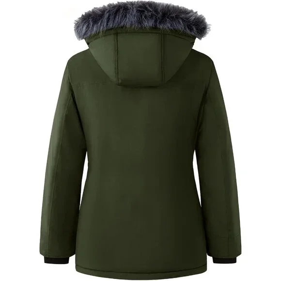 Women's Winter Warm Cozy Thicken Green Hood Puffer Jacket Coats Inner pocket